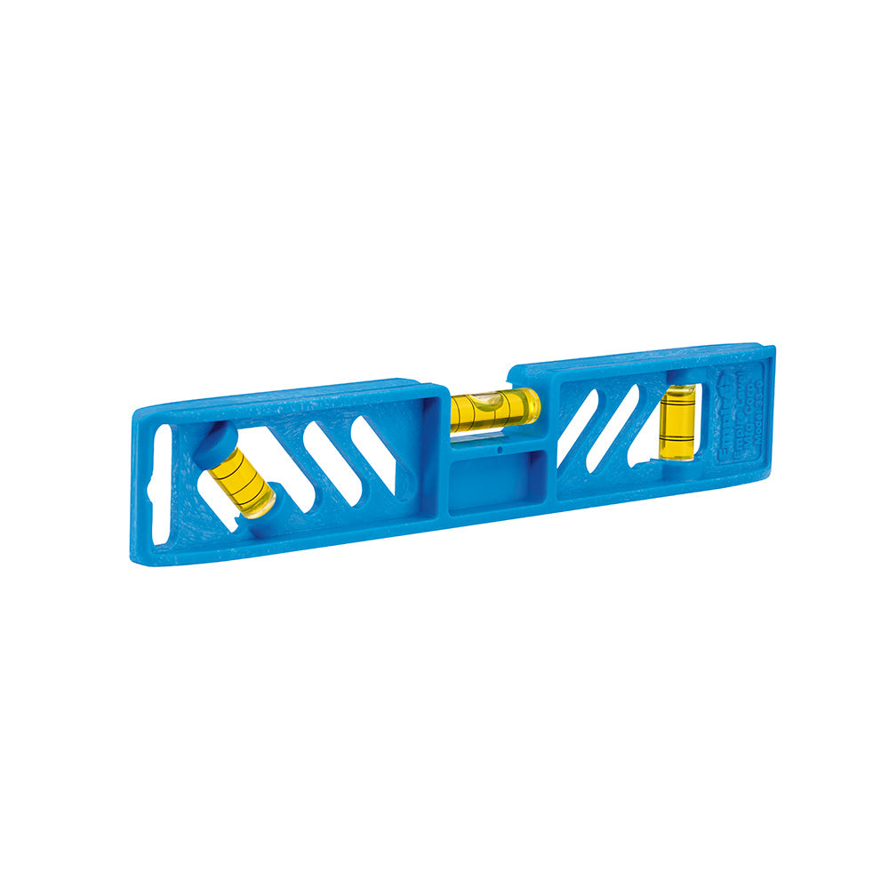 Blue polycast torpedo level with two yellow bubble vials and white grip cutouts on sides.