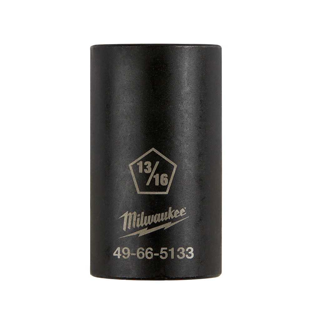 Black cylindrical socket with pentagon-shaped opening marked 13/16, Milwaukee branding and model number 49-66-5133 engraved o