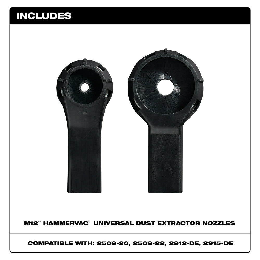 Two black plastic dust extractor nozzles in different sizes with circular openings and tapered handles.