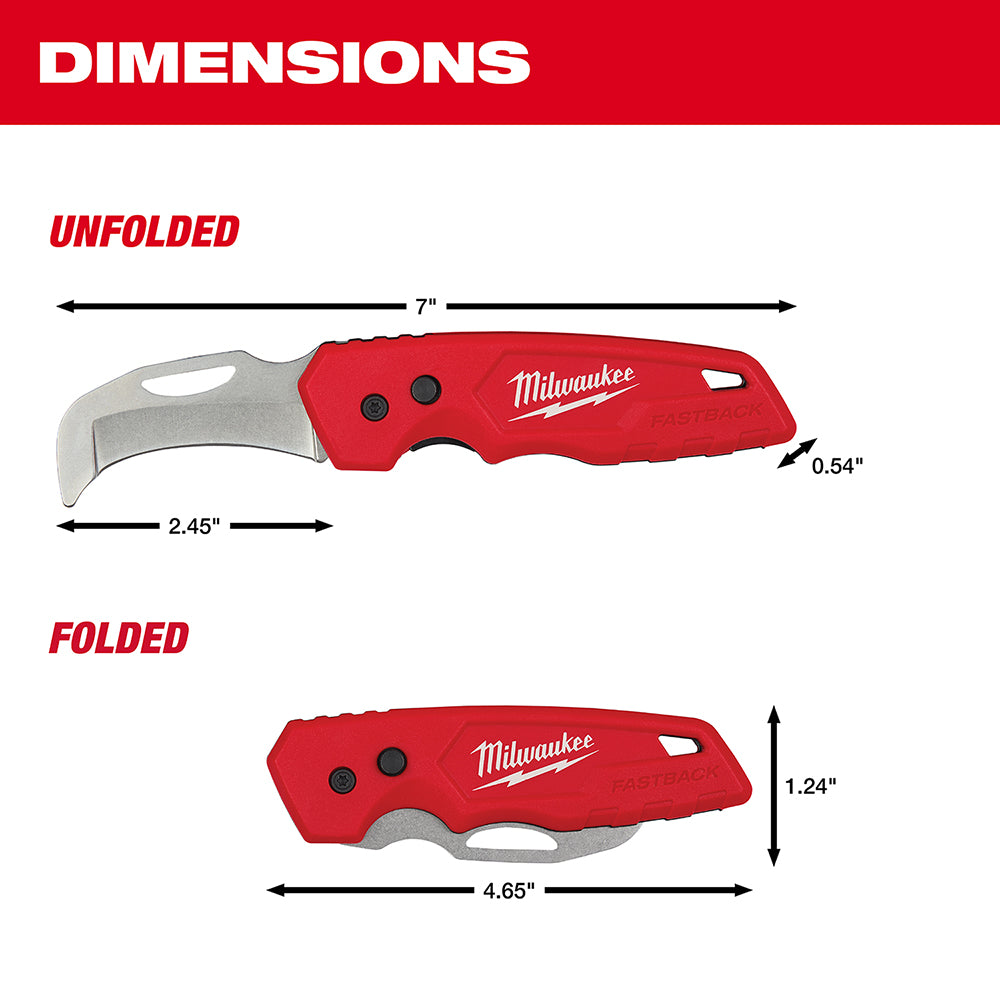Milwaukee FASTBACK folding knife with red handle and curved stainless steel blade, shown unfolded and folded with dimensions.