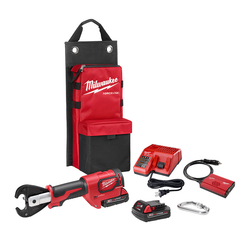 Milwaukee M18 FORCE LOGIC cordless crimper kit with red and black tool bag, charger, batteries, and accessories.