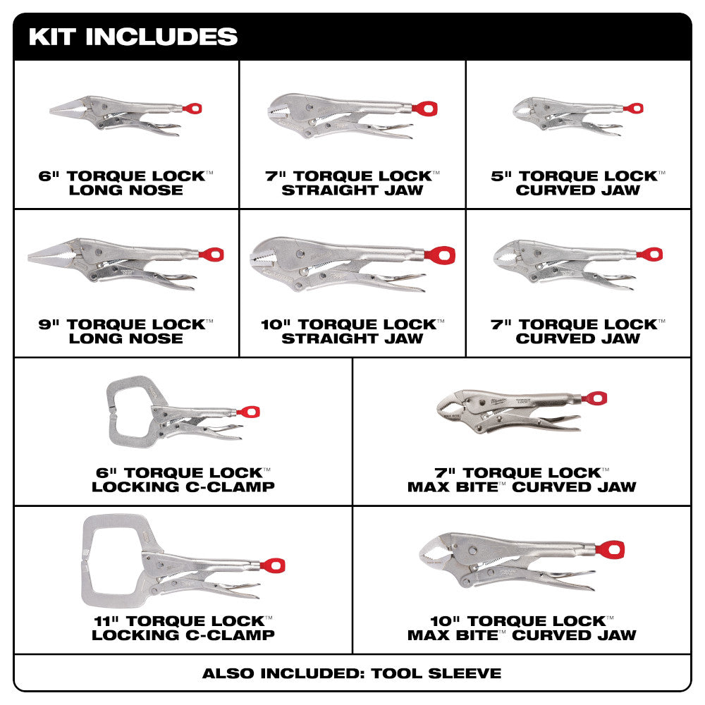 Ten-piece locking pliers kit including long nose, straight jaw, curved jaw, C-clamp styles, and max bite pliers with red hand