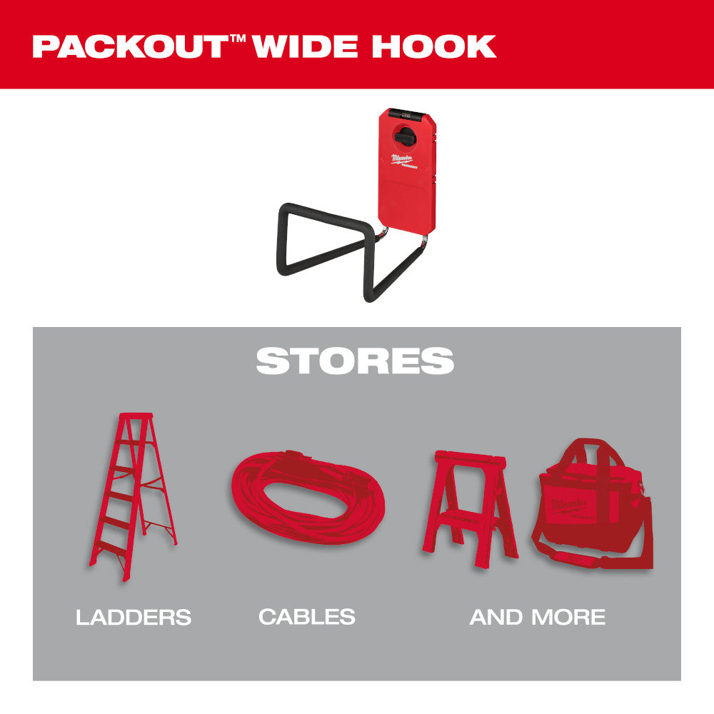Red and black wide hook attachment with triangular frame design for PACKOUT storage system.