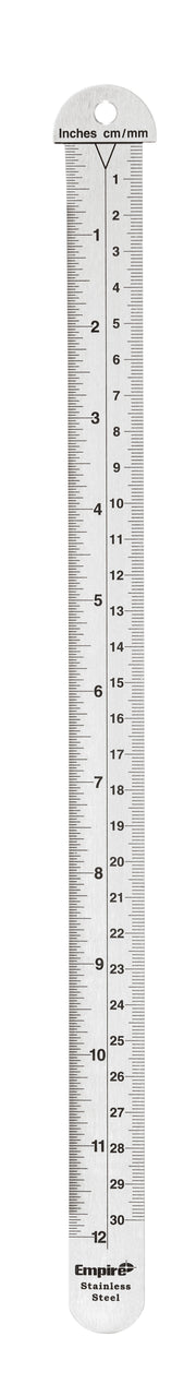 Stainless steel 12-inch ruler with hook top, marked in inches, centimeters, and millimeters with 32nds graduations.