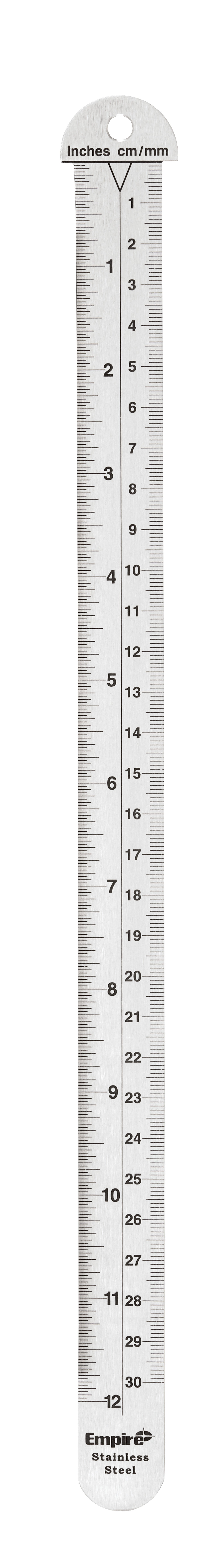 Stainless steel 12-inch ruler with hook top, marked in inches, centimeters, and millimeters with 32nds graduations.