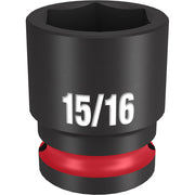 Black and red 1/2" drive socket with 15/16" size marking and six-point interior design.