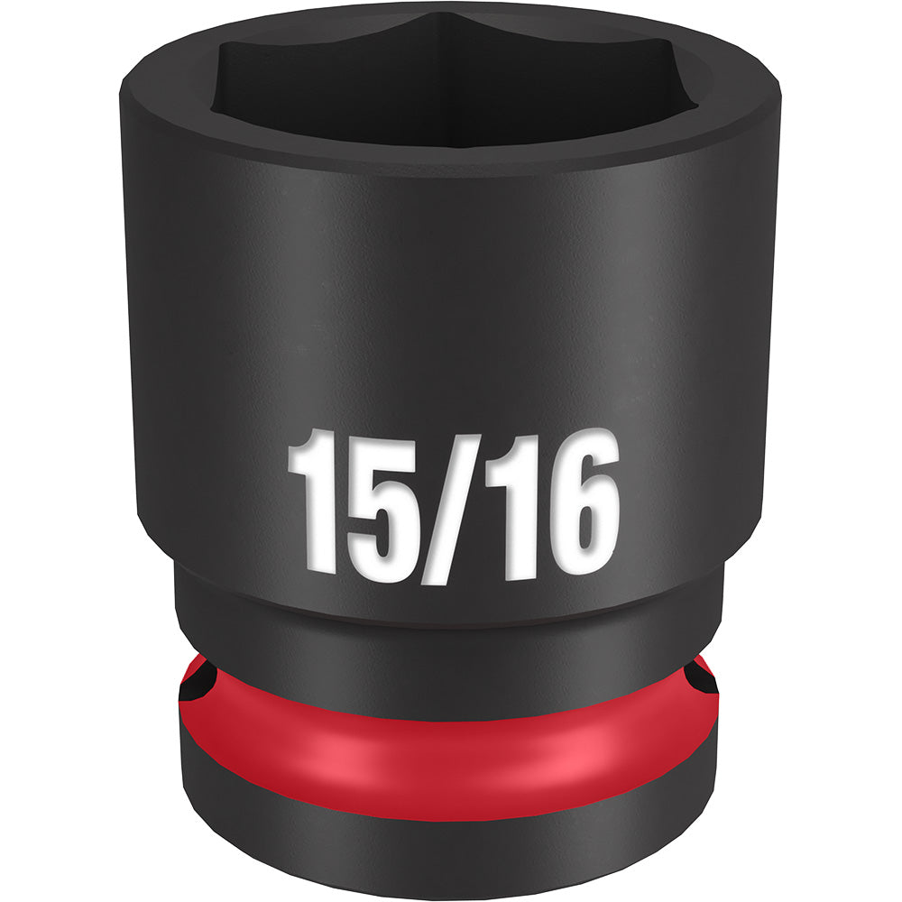 Black and red 1/2" drive socket with 15/16" size marking and six-point interior design.