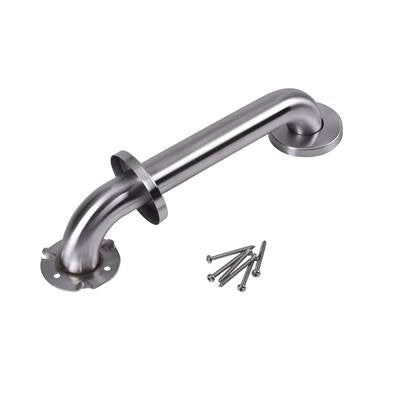 Stainless steel grab bar with curved design, mounting flanges at each end, and included installation screws.