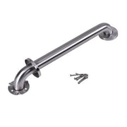 Satin stainless steel grab bar with round flanges at each end and mounting hardware.