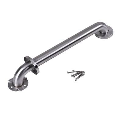 Satin stainless steel grab bar with round flanges at each end and mounting hardware.