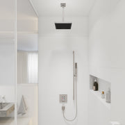 Brushed nickel extension pipe mounted to ceiling above shower head with rectangular trim plate.
