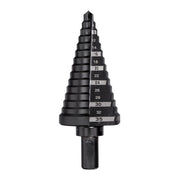 Black step drill bit with conical design showing size markings from 6mm to 35mm on the flutes and cylindrical shank.