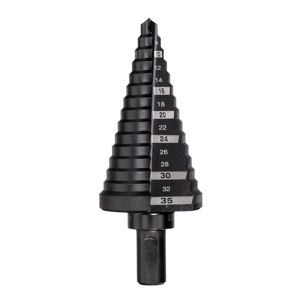 Black step drill bit with conical design showing size markings from 6mm to 35mm on the flutes and cylindrical shank.