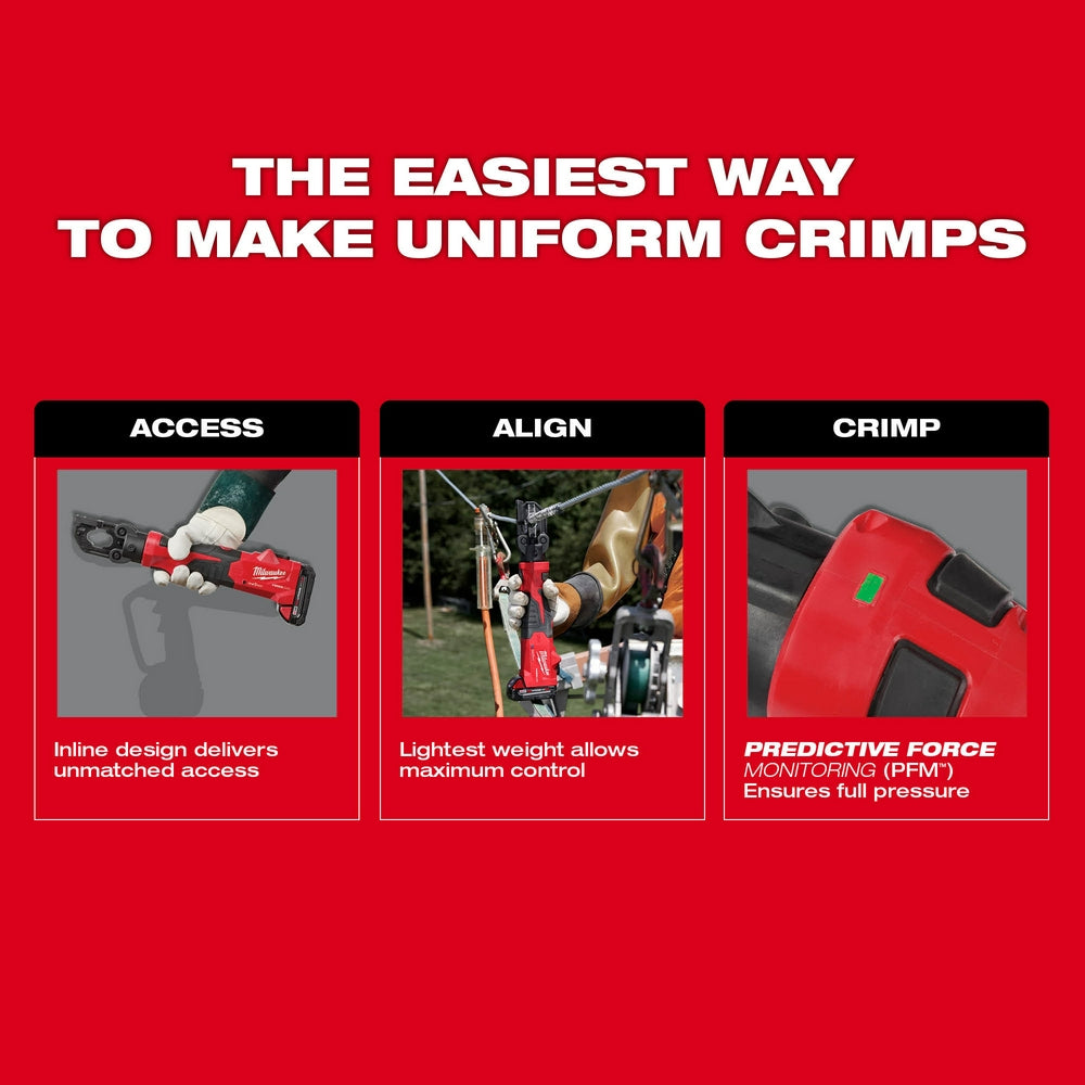 Red Milwaukee crimper tool with black grip sections shown in three panels demonstrating access, alignment, and crimping funct
