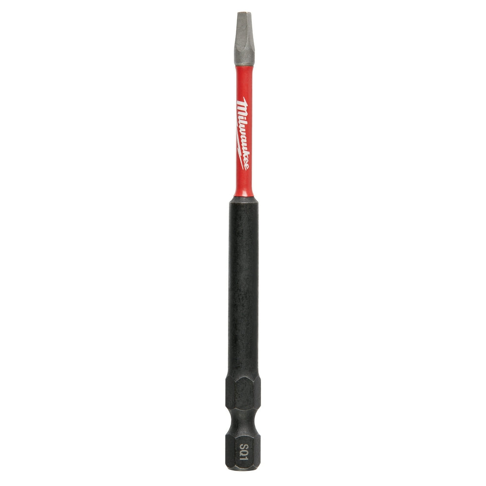 Milwaukee Shockwave impact power bit with red shaft, black grip, and square recess tip.
