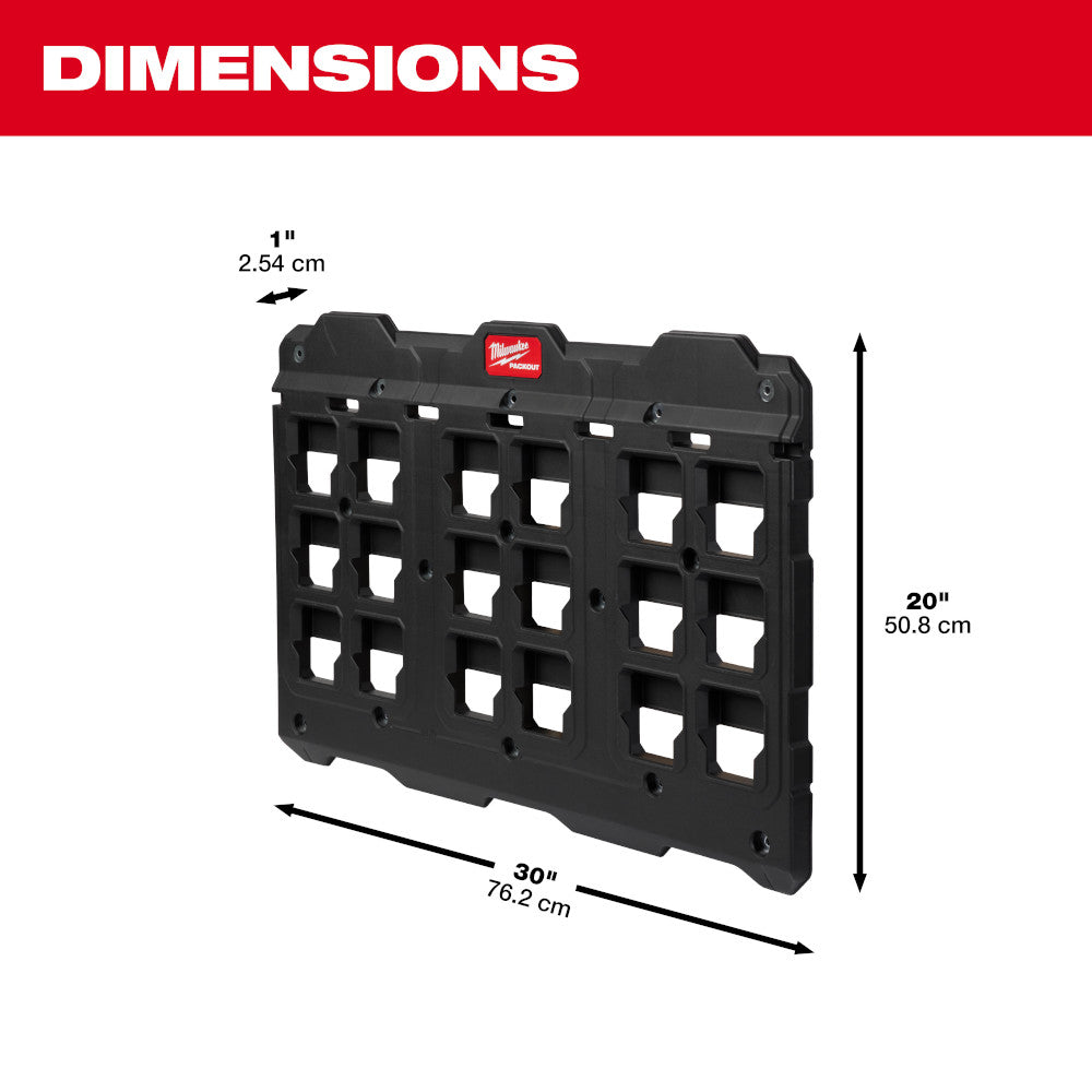 Black plastic wall-mounted organizer with grid of square compartments and Milwaukee logo at top.