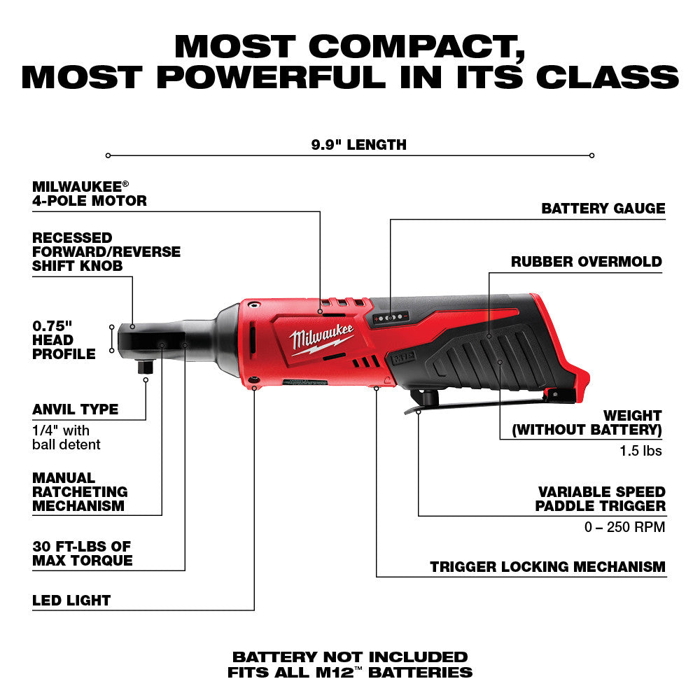 Milwaukee M12 cordless ratchet with red and black body, compact 9.9" length design, showing forward/reverse shift knob and va
