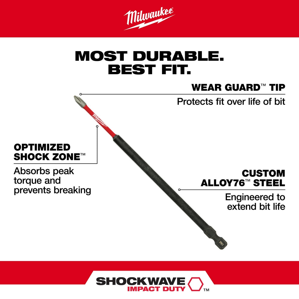 Milwaukee Shockwave Phillips #1 impact driver bit, 6 inches long, with black shaft and red tip.