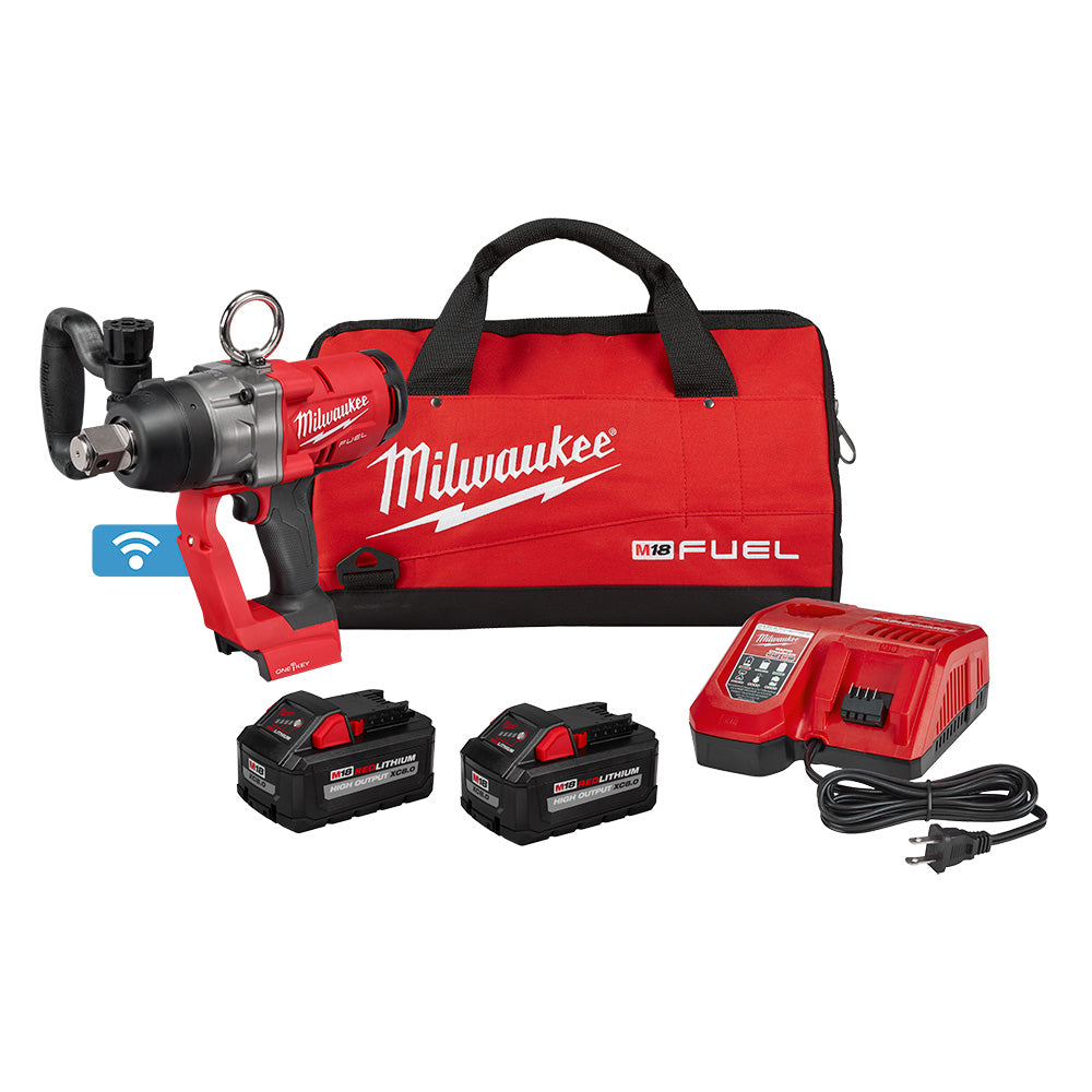 Milwaukee M18 FUEL high torque impact wrench with red carrying bag, two batteries, charger, and ONE-KEY wireless connectivity