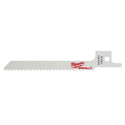 Milwaukee SAWZALL reciprocating saw blade with serrated cutting edge and mounting tab, silver metal construction.
