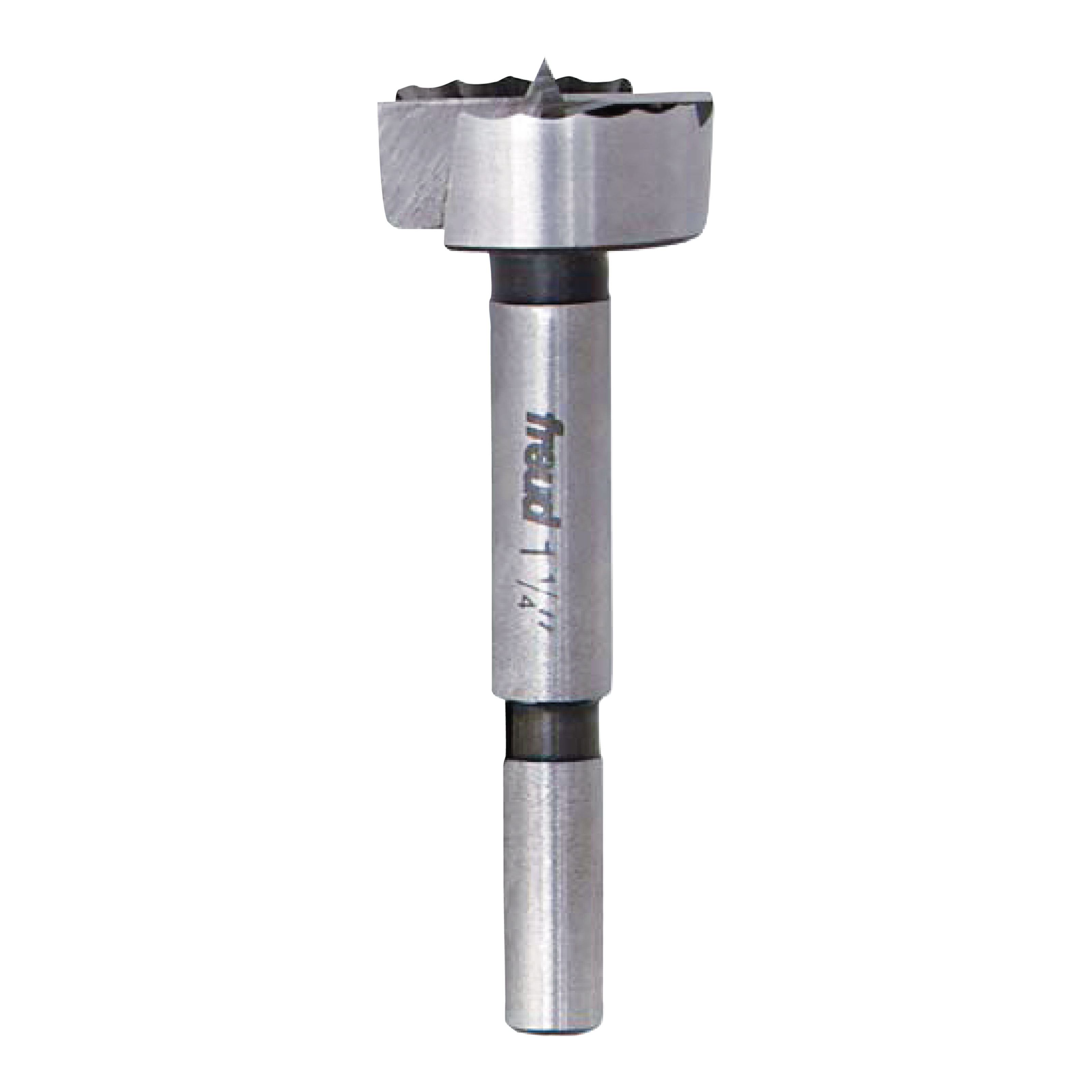 Freud Forstner bit with cylindrical steel shaft and wide cutting head for drilling flat-bottomed holes.