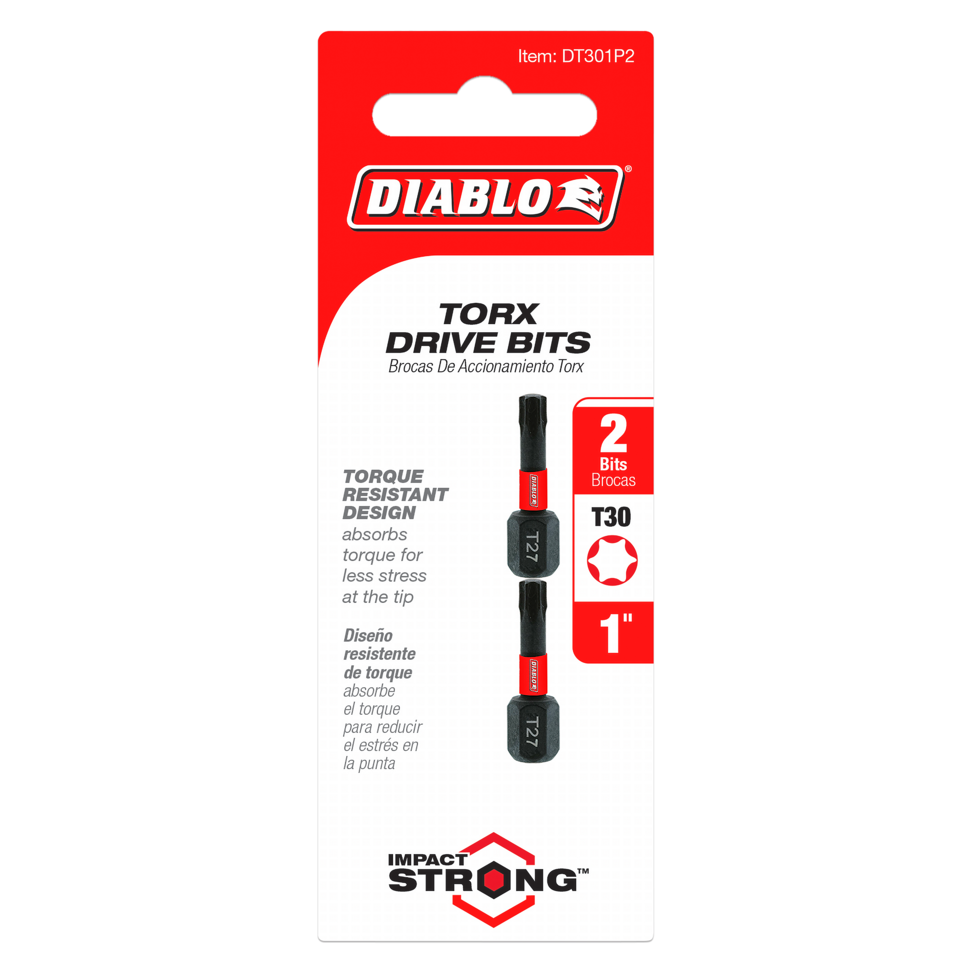 Two black Diablo T30 Torx drive bits, 1 inch length, in red and white packaging.