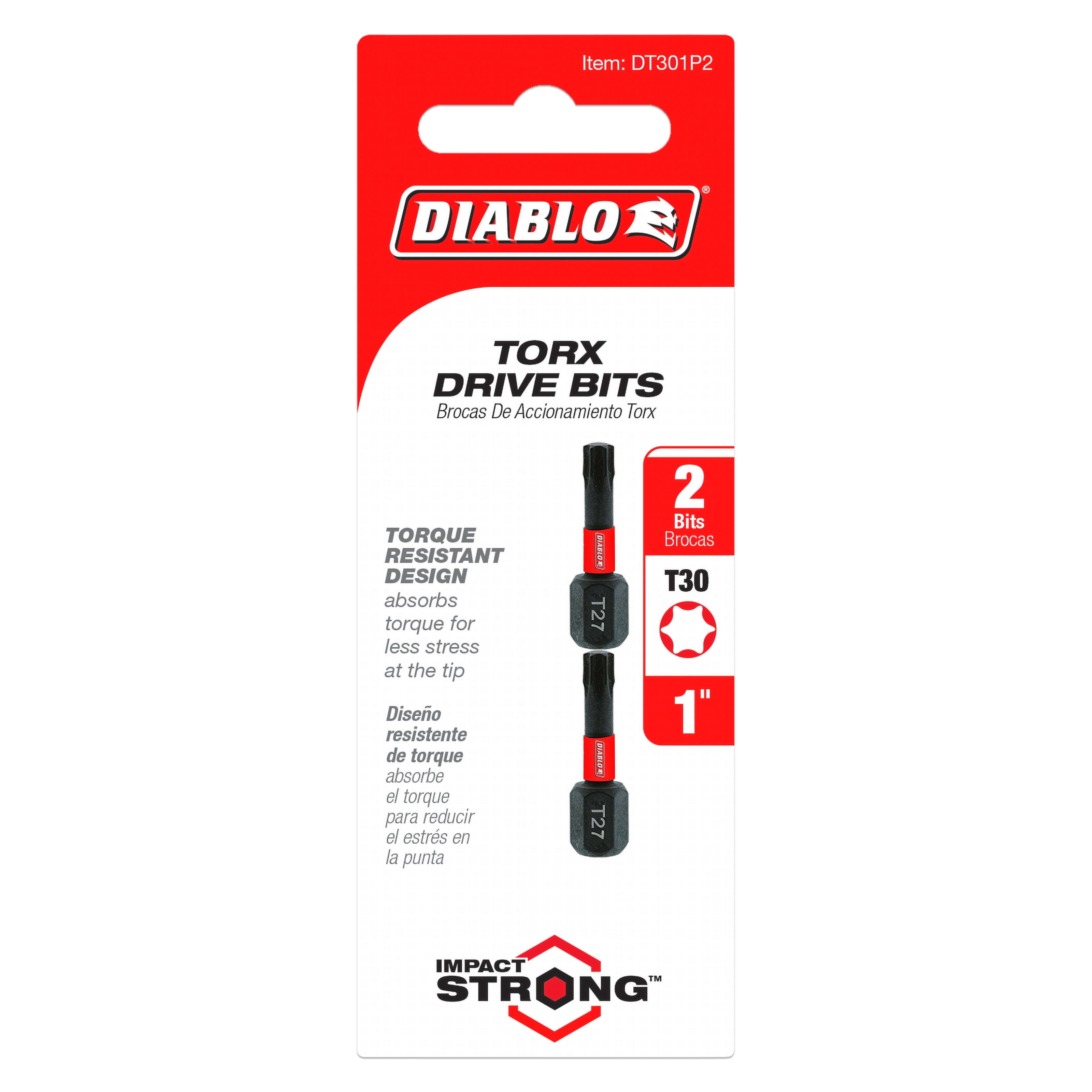 Two black Diablo T30 Torx drive bits, 1 inch length, in red and white packaging.