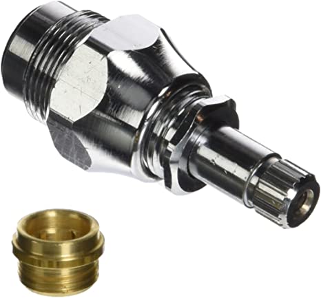 Metal faucet stem assembly with hexagonal connector and brass insert component.