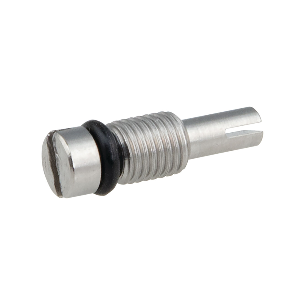 Metal screw assembly with black rubber o-ring and slotted head on threaded shaft.