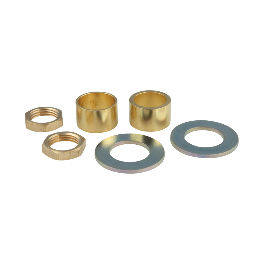 Chrome hold down package containing brass nuts, sleeves, and steel washers.
