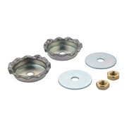 Metal holddown package containing two wing nuts, two washers, and two brass nuts.