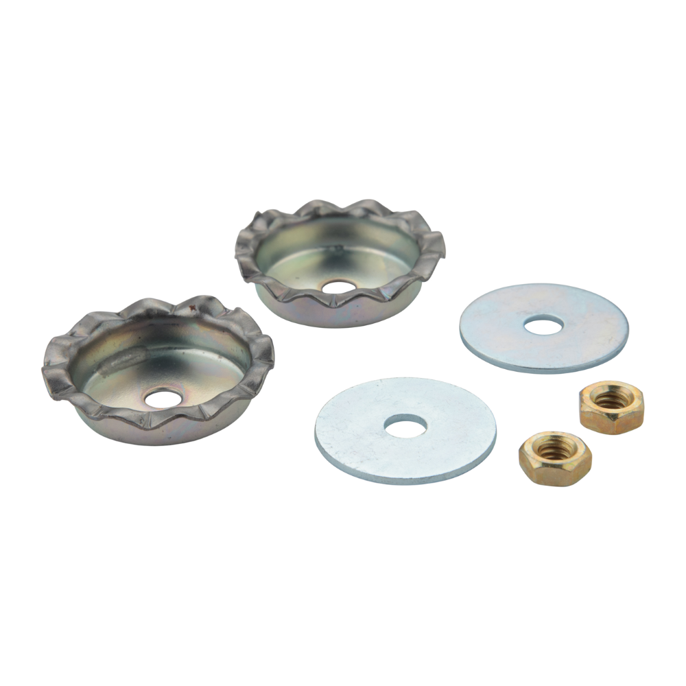 Metal holddown package containing two wing nuts, two washers, and two brass nuts.