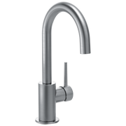 Stainless steel single-handle kitchen faucet with curved spout and swivel design.