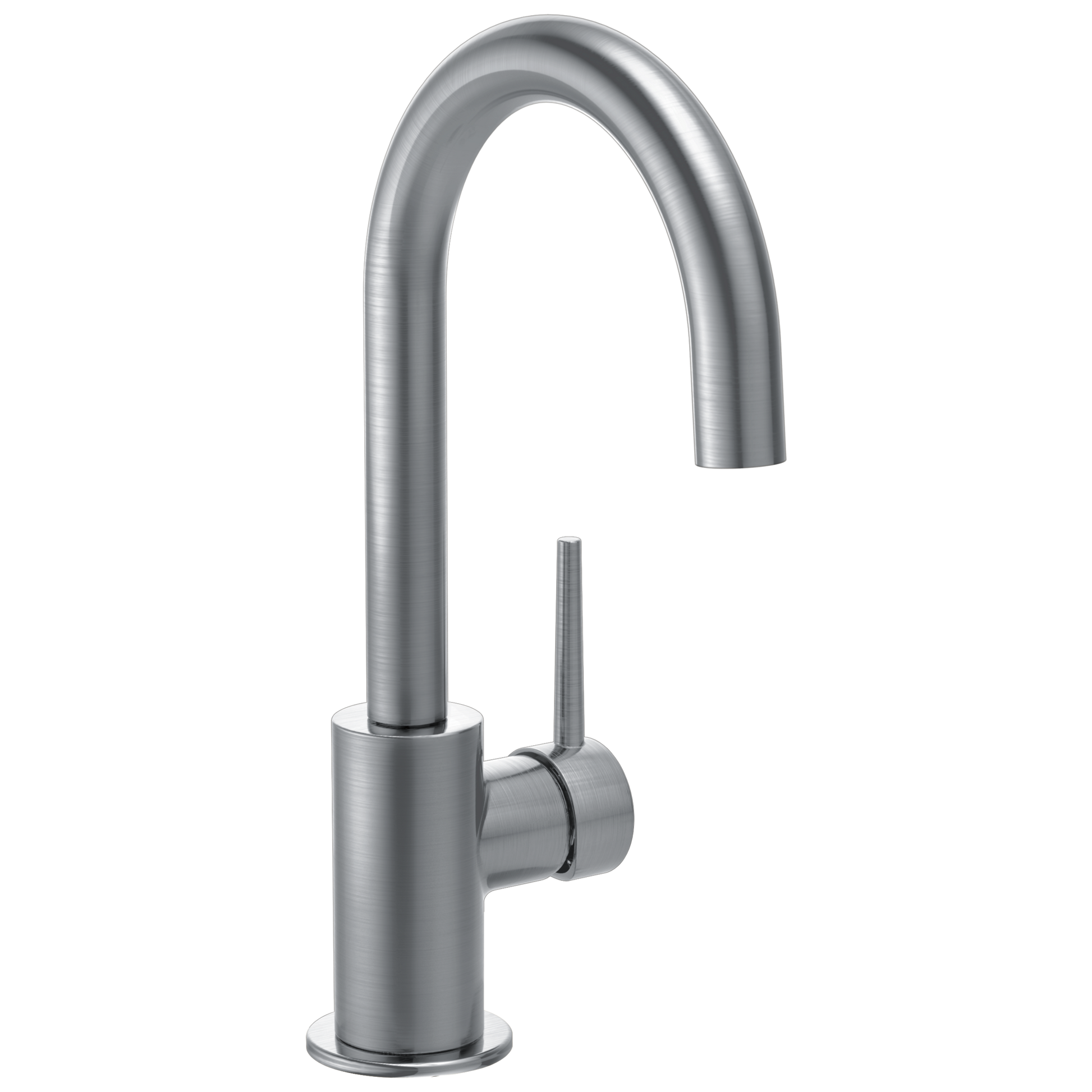 Stainless steel single-handle kitchen faucet with curved spout and swivel design.
