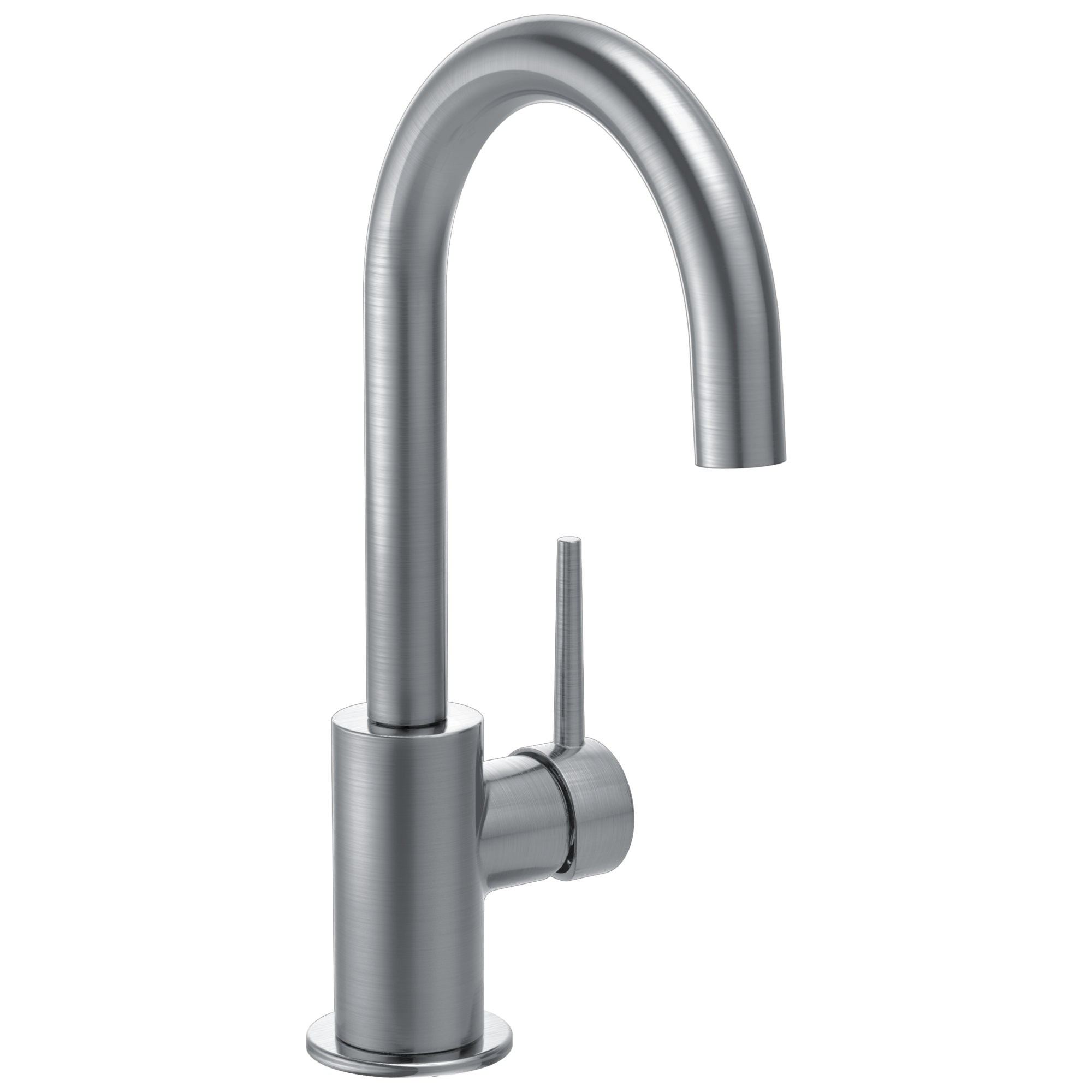 Stainless steel single-handle kitchen faucet with curved spout and swivel design.