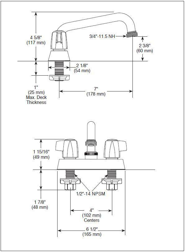 Chrome two-handle laundry faucet with curved spout and blade handles, shown in side and top-down technical views with dimensi