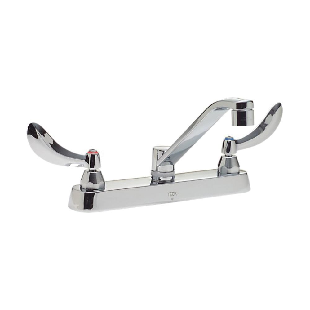 Chrome deck mount faucet with two curved handles, arched spout, and cast base.
