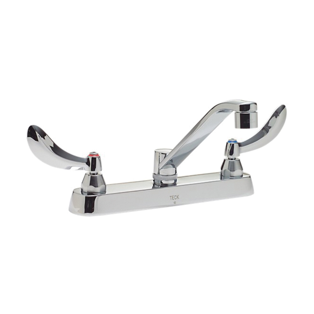 Chrome two-handle deck mount faucet with curved handles and raised spout for commercial use.