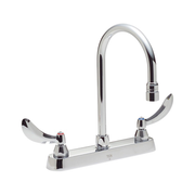 Chrome commercial deck mount faucet with tall arched spout and two lever handles on a rectangular base.