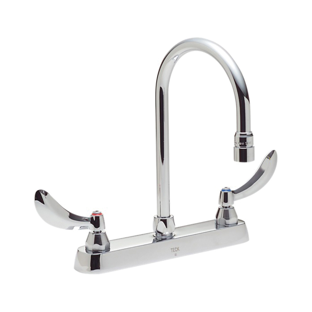 Chrome commercial deck mount faucet with tall arched spout and two lever handles on a rectangular base.