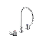 Chrome two-handle below-deck mount faucet with tall curved spout and red and blue indicator caps on handles.