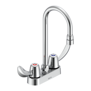 Chrome deck mount faucet with two handles, curved spout, and red and blue indicator caps.