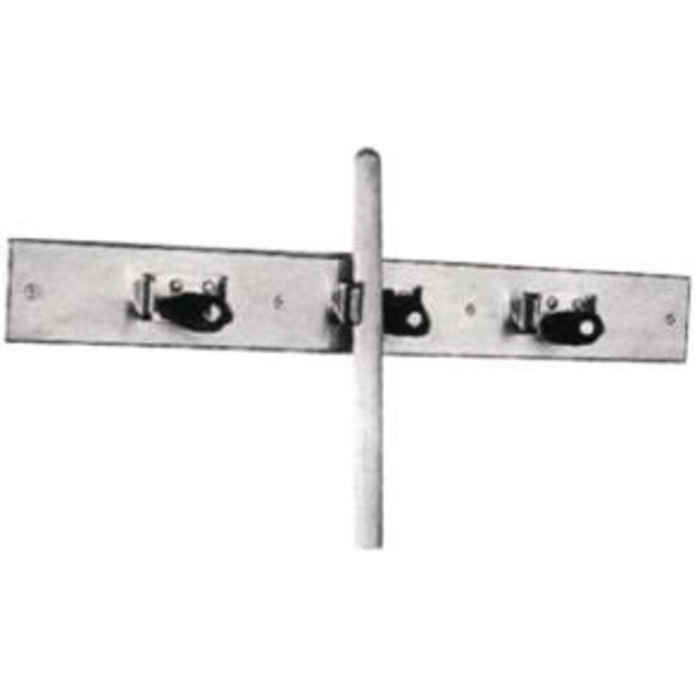Wall-mounted mop hanger with three black hooks on a metal rail and vertical pole for storage.