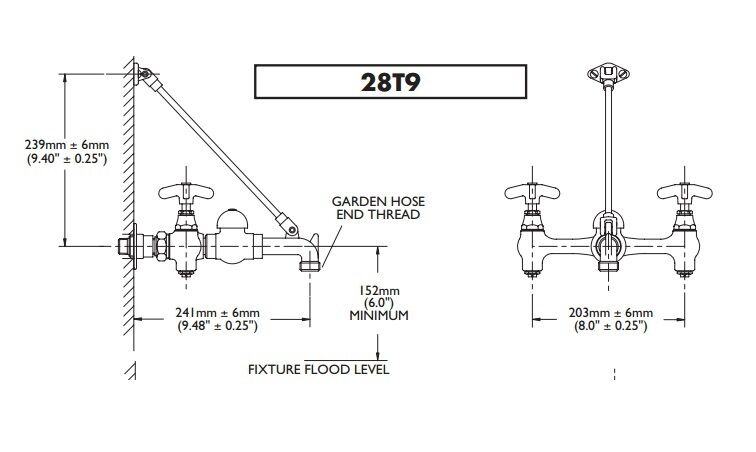 Delta 28T9 wall mount service sink faucet with 8" spread, dual handles, and angled spout with garden hose connection.