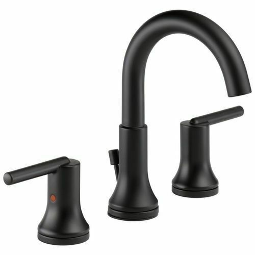 Black two-handle widespread bathroom faucet with curved spout and lever handles.