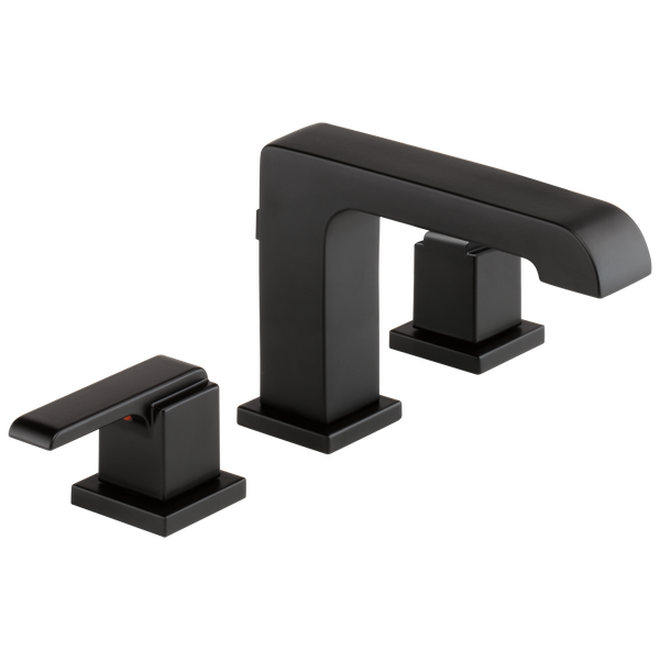 Black three-piece bathroom faucet with two handles, curved spout, and square base components.