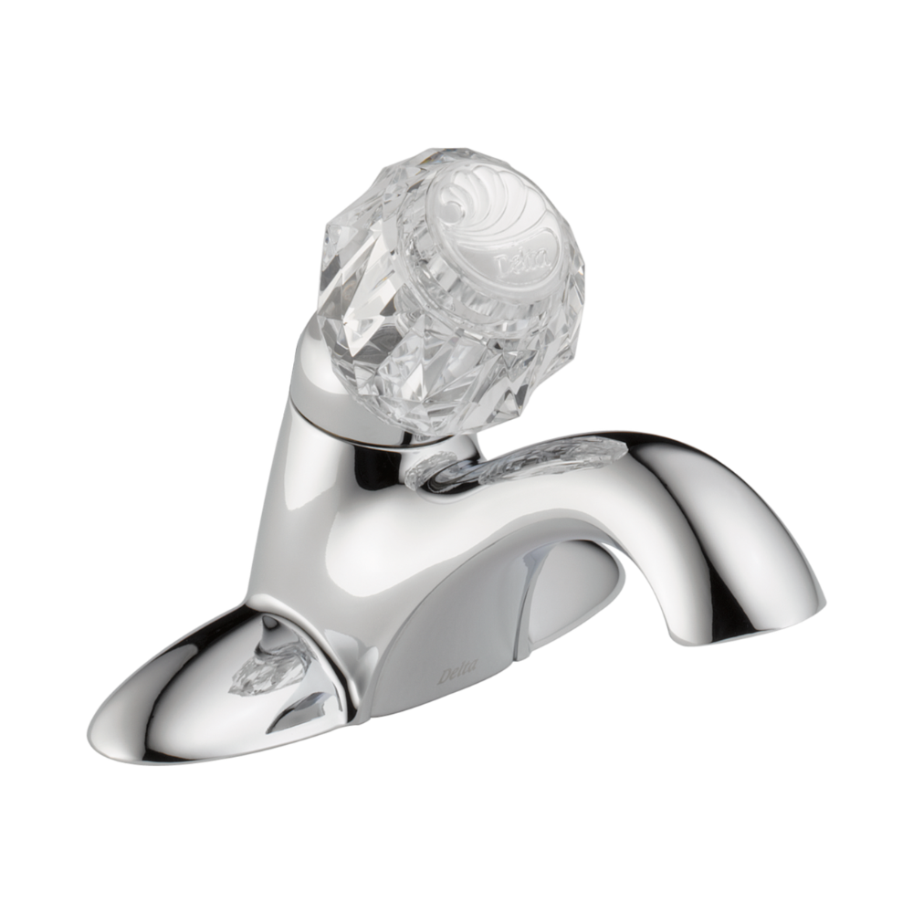Chrome bathroom faucet with single clear crystal knob handle and curved spout with pop-up drain assembly.