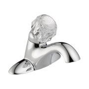 Chrome bathroom faucet with single clear crystal knob handle and curved spout with pop-up drain assembly.