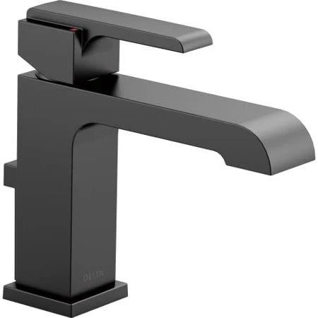 Black single-handle bathroom faucet with curved spout and metal pop-up drain assembly.
