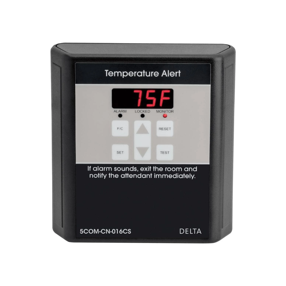 Black wall-mounted temperature alert device displaying 75F with control buttons and status indicators.
